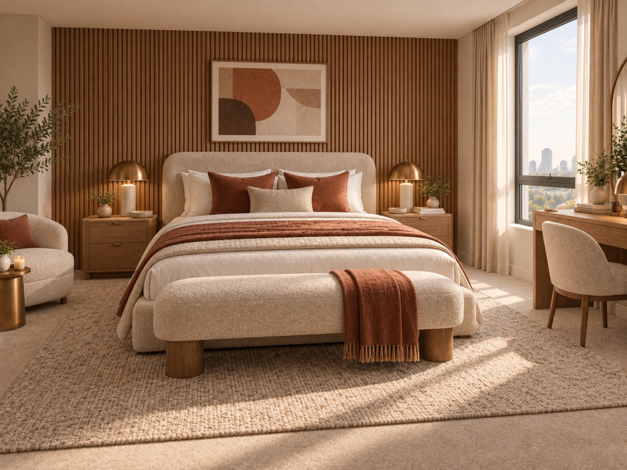 Principal bedroom with a full-height fluted timber wall, brass table lamps, an upholstered bench and a dressing table by the window